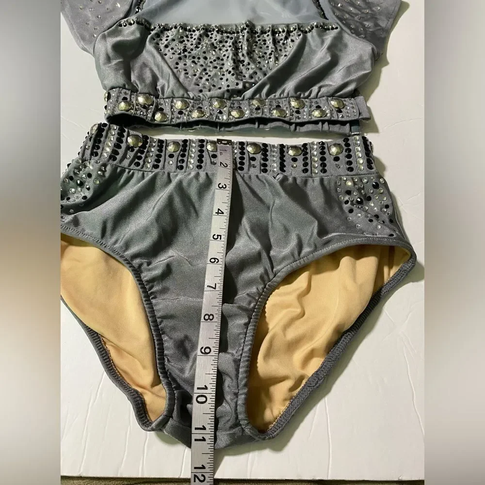 Glamour solo dance costume 2 piece gray embellished rhinestone MA adult